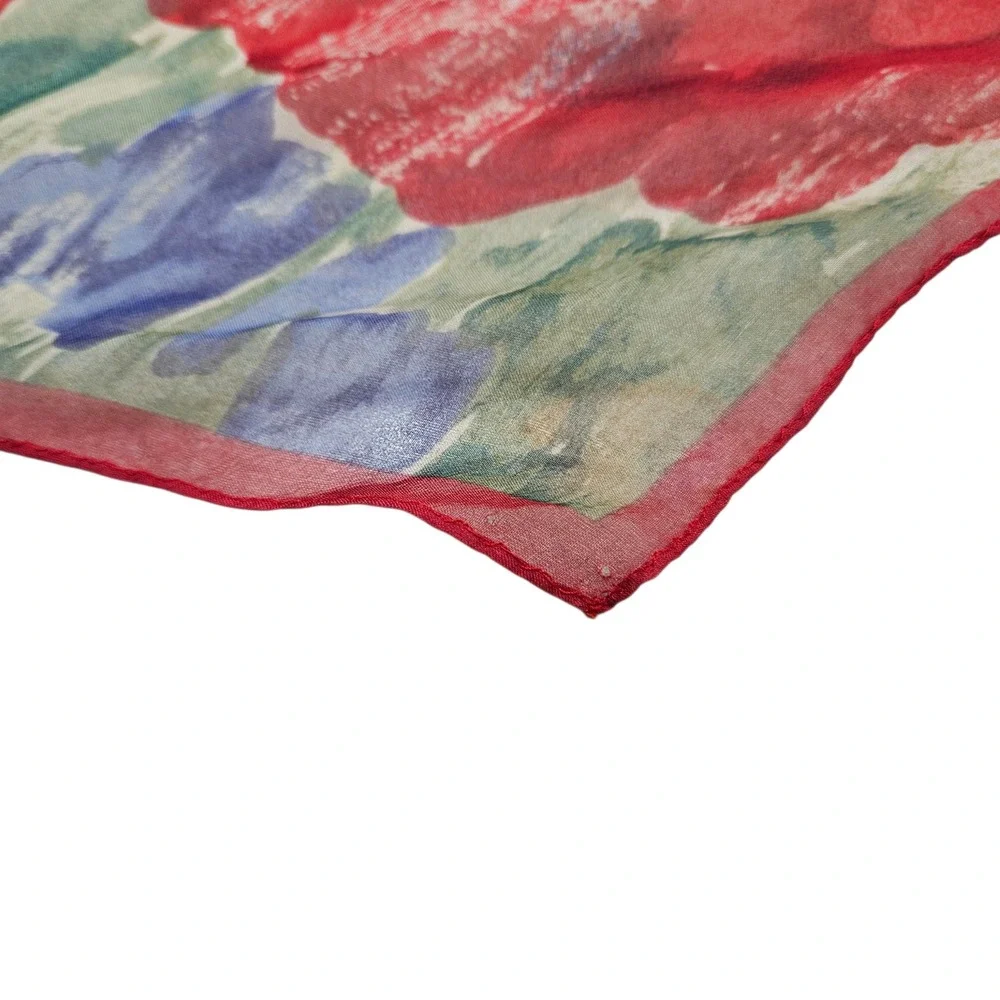 Floral Scarf‎ Womens OS Red Sheer Poppy Print Square Neckerchief Accessory